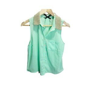 Ali + Kris Teal Sleeveless Button Up Blouse M Sheer Embellished Collar